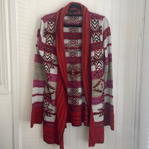 BCBGMAXAZRIA Long Open Cardigan Aztec Knit Orange Pink Brown Bell Sleeves Size M